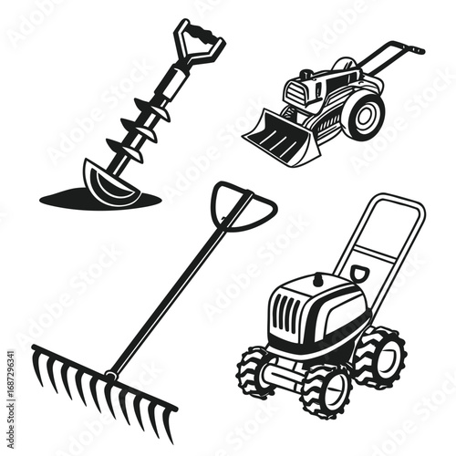 Garden tools and machinery rake shovel