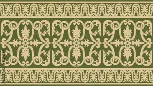 Vector gold and green seamless classic renaissance ornament. Endless european border, revival style frame.
