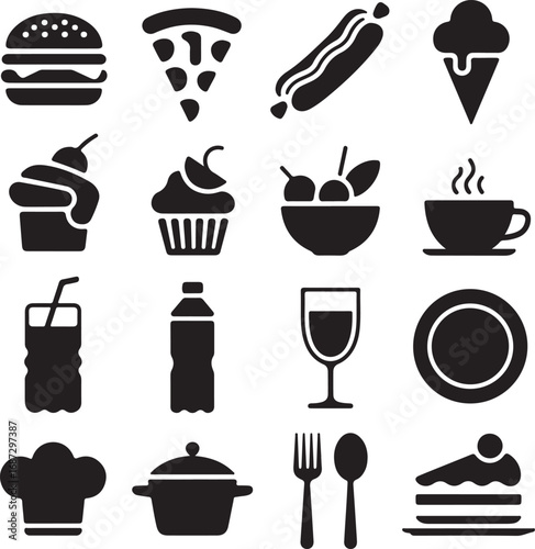 Sixteen black silhouette icons of food, drinks, and kitchenware Keywords: burger, pizza slice