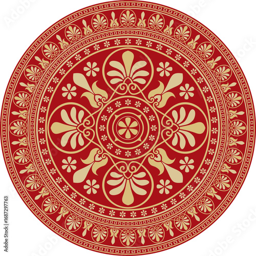 Vector gold with red classic Greek round ornament. Circle of Ancient Greece and the Roman Empire. Byzantine painting of walls, floors and ceilings. Decoration of European palaces.
