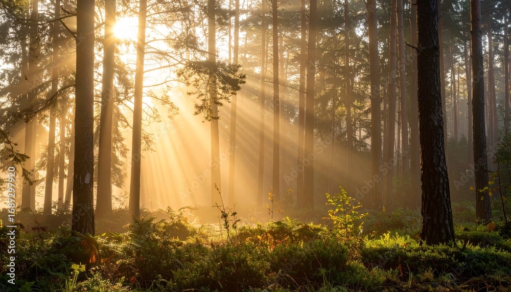 Obraz premium Golden sunrise rays shine through misty forest trees, creating peaceful golden hour scenery. Nature landscape photography with fog, mist, light beams, and tranquil woodland view.