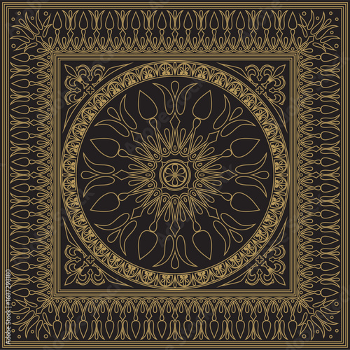 Vector gold and black classic Greek square ornament. Rectangle of Ancient Greece and Roman Empire. Byzantine painting of walls, floors and ceilings. Decoration of European palaces.
