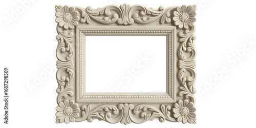 Ornate Cream Wooden Photo Frame with Floral Design,Ornate Gold Frame Empty Canvas Vintage Style Artwork,ornate beige picture frame,Ornate Wood Picture Frame, Empty, Classic Style, 3D Render,Ai