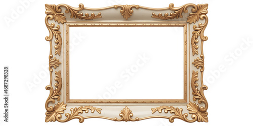 Ornate Cream Wooden Photo Frame with Floral Design,Ornate Gold Frame Empty Canvas Vintage Style Artwork,ornate beige picture frame,Ornate Wood Picture Frame, Empty, Classic Style, 3D Render,Ai