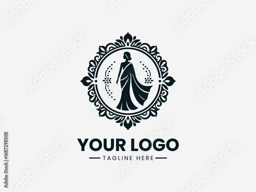 Elegant woman in saree with ornamental decorative circular frame vector logo design