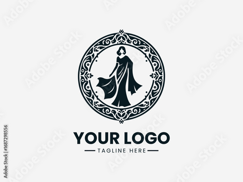 Elegant woman in saree with ornamental decorative circular frame vector logo design