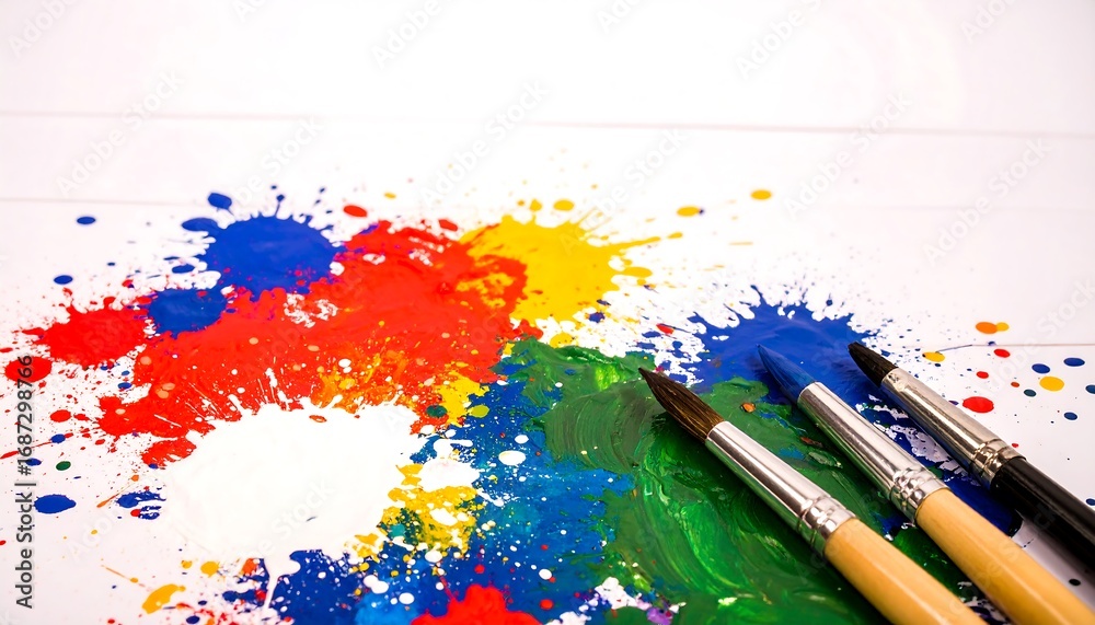 Fototapeta premium Colorful paint splatters and brushes on white surface