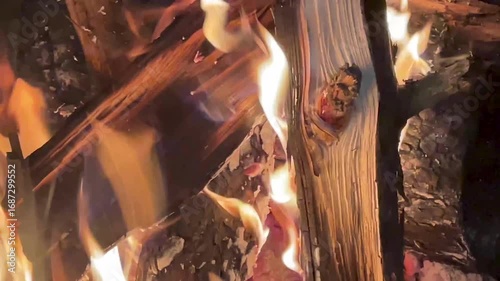 Flames consuming logs in a warm campfire setting  