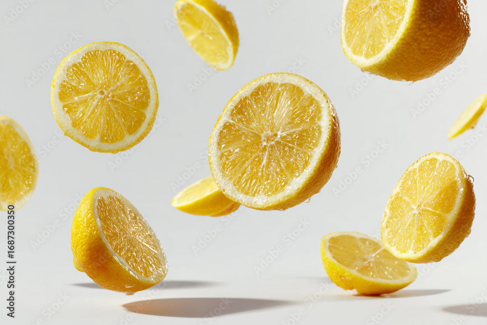 Fototapeta premium Juicy lemon slices falling on white background refreshing summer citrus fruit