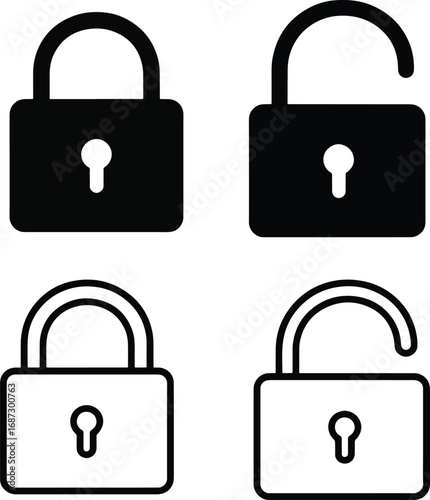 Lock icon collection. Locked and unlocked black line icon set. Flat security symbol. Vector illustration.