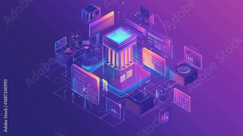 Digital banking, fintech, isometric illustration of a bank building surrounded by technology elements representing online financial services, transactions, and data.