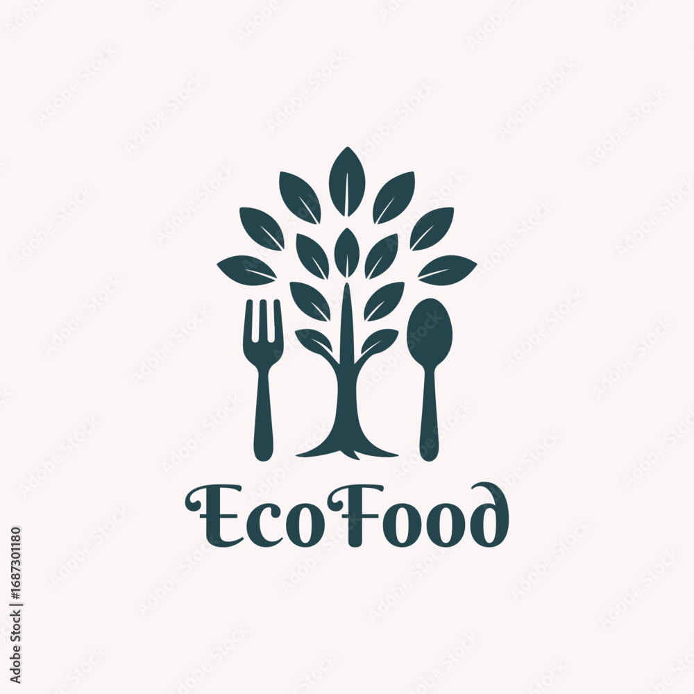 Obraz premium logo design combination of spoon fork and tree, logo for healthy food, herbal, nutrition, health, symbol, icon, idea, creative. eco food, organic restaurant logo