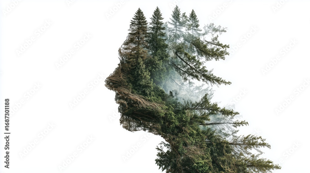 Fototapeta premium Forest face profile portrait silhouette isolated on a white