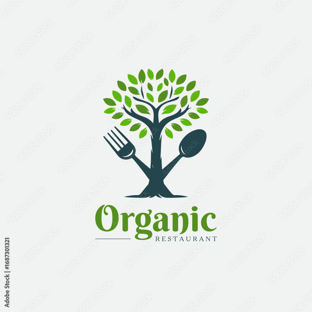Obraz premium logo design combination of spoon fork and tree, logo for healthy food, herbal, nutrition, health, symbol, icon, idea, creative. eco food, organic restaurant logo