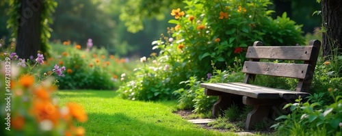 Serene garden scene featuring a rustic wooden bench nestled amongst lush greenery and blooming flowers, perfect for relaxation and contemplation , meadow, environment, pathway