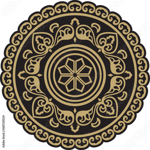 Vector round gold and black ancient Russian ornament. Slavic border, frame. Circle, ring. Painting of the royal chambers.
