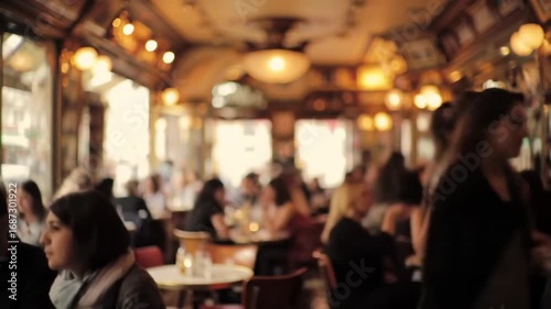 Blurred interior shot of a busy restaurant with people dining and socializing, warm lighting.
