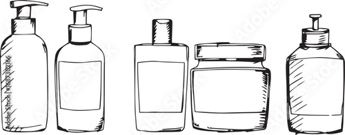 A set of cosmetic containers. Jars, vials, bottles, tubes. Hand drawn vector illustration