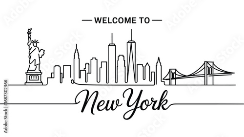 Welcome to new york city skyline with iconic landmarks and hand drawn typography