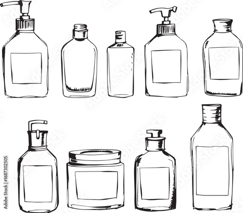 A set of cosmetic containers. Jars, vials, bottles, tubes. Hand drawn vector illustration