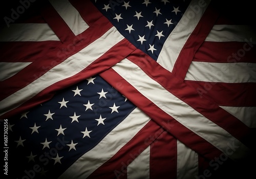 Intertwined American Flags: A Patriotic Display of Stripes and Stars in Shadowy Light