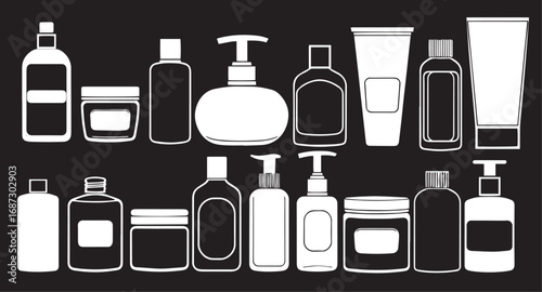A set of cosmetic containers. Jars, vials, bottles, tubes. Hand drawn vector illustration