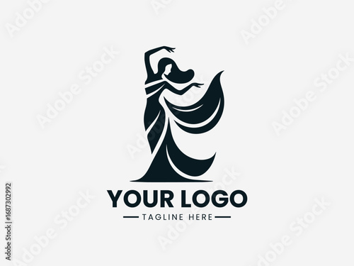 Elegant dancing woman in flowing dress silhouette vector logo design artwork