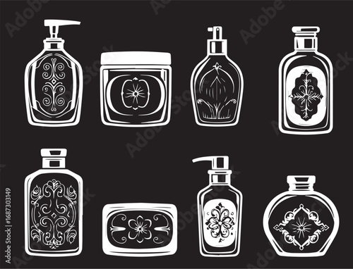 A set of cosmetic containers. Jars, vials, bottles, tubes. Hand drawn vector illustration