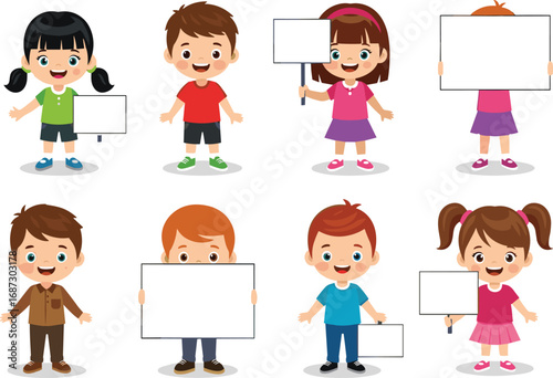 Cartoon children holding blank signs, diverse kids with placards, colorful outfits, isolated on white background, editable space, education, message board
