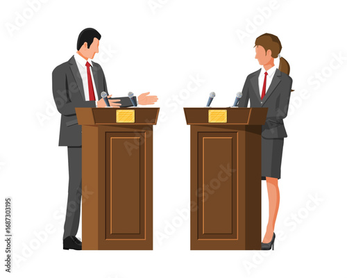 Political debate between a male and female candidate standing at podiums during a formal election campaign event
