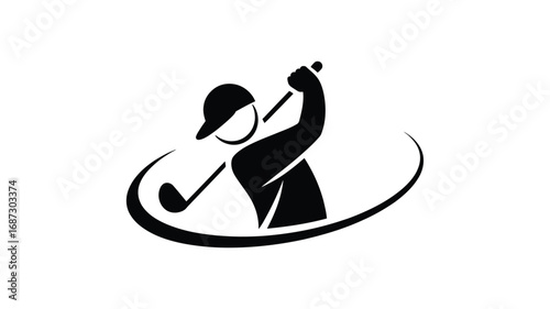 Stylized silhouette of a golfer swinging a club with a curved line emblem