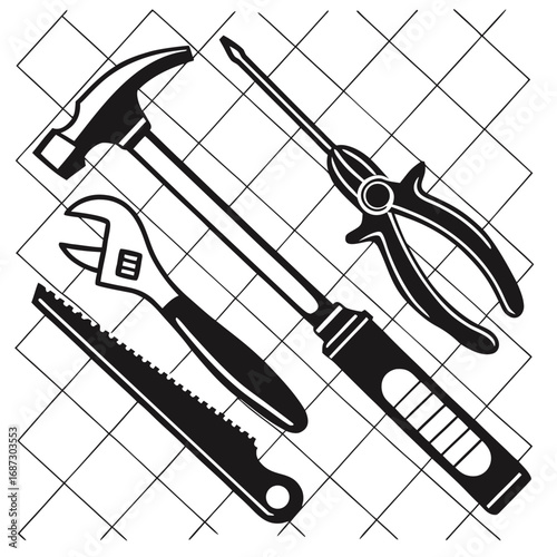Hammer wrench pliers screwdriver hacksaw vector