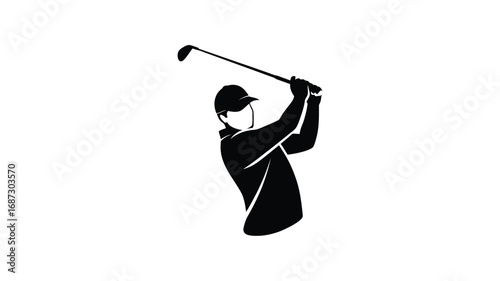 Golfer in silhouette swinging club during a golf game on a white background