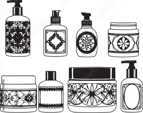 A set of cosmetic containers. Jars, vials, bottles, tubes. Hand drawn vector illustration