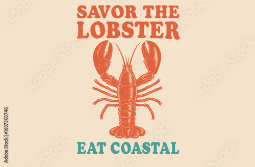 Lobster illustration. Lobster design. Lobster fish artwork for t shirt print, poster, sticker and other uses. Fish vintage artwork. Seafood club. 
