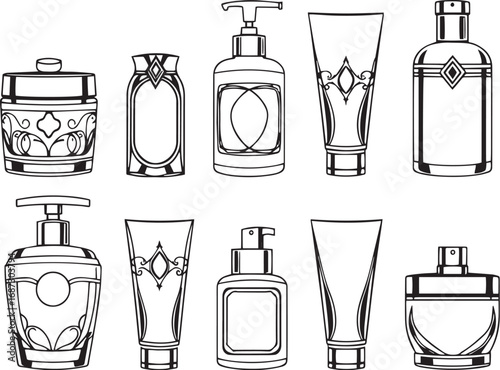 A set of cosmetic containers. Jars, vials, bottles, tubes. Hand drawn vector illustration