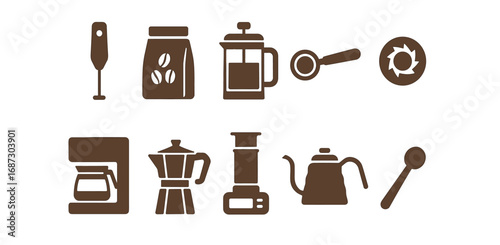 Coffee brewing silhouette icon set. espresso, french press, coffee pot silhouette icons