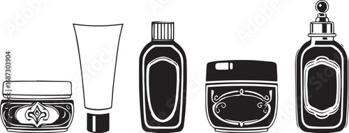 A set of cosmetic containers. Jars, vials, bottles, tubes. Hand drawn vector illustration