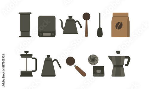 Coffee brewing flat icon set. essential tools for baristas and coffee lovers