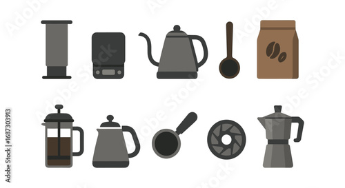 Coffee equipment flat icon set. barista tools collection for cafe and kitchen essentials