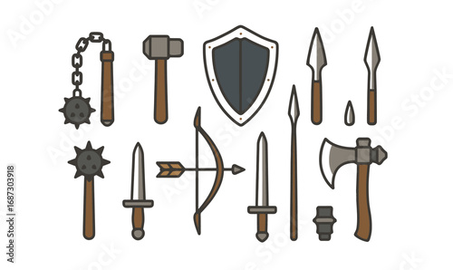 Medieval weaponry icon set. shields, swords, axes outline style for projects
