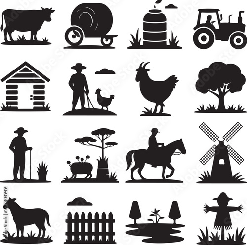 Farm Life Icons With Cow Tractor Barn Chicken Horse And Windmill farming cattle