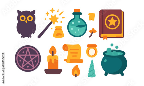 Magic and witchcraft flat icon set. enchanting symbols for mystical designs