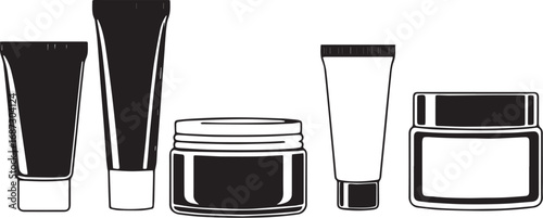 A set of cosmetic containers. Jars, vials, bottles, tubes. Hand drawn vector illustration