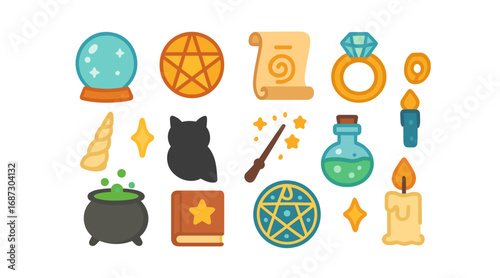 Mystical and magic flat icon set. witchcraft, fantasy elements flat collection