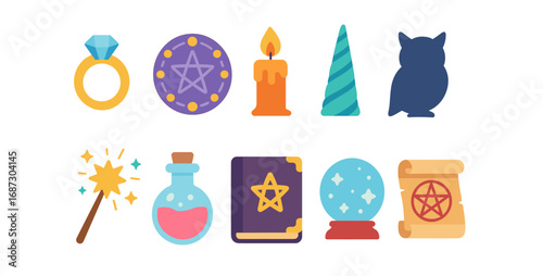 Magic, witchcraft flat icon set. spellcasting, fantasy symbols flat collection