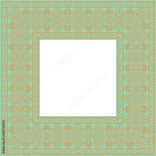 Vector gold with green classic Greek square ornament. Rectangle of Ancient Greece and Roman Empire. Byzantine painting of walls, floors and ceilings. Decoration of European palaces.
