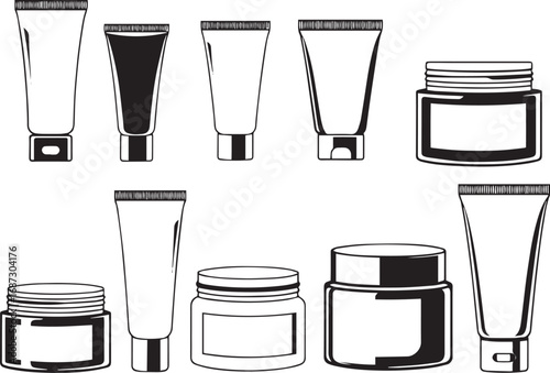 A set of cosmetic containers. Jars, vials, bottles, tubes. Hand drawn vector illustration