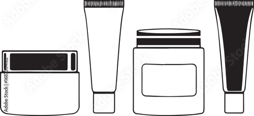 A set of cosmetic containers. Jars, vials, bottles, tubes. Hand drawn vector illustration