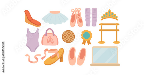 Ballet, dance flat icon set. essentials for performance in flat style
